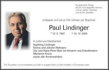 Traueranzeige von Paul Lindinger von Dinkelsbühl/ Feuchtwangen