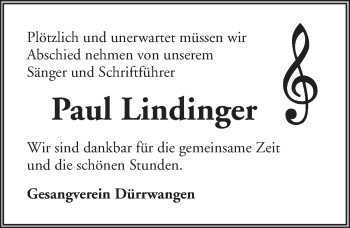 Traueranzeige von Paul Lindinger von Dinkelsbühl/ Feuchtwangen