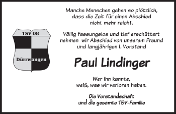 Traueranzeige von Paul Lindinger von Dinkelsbühl/ Feuchtwangen