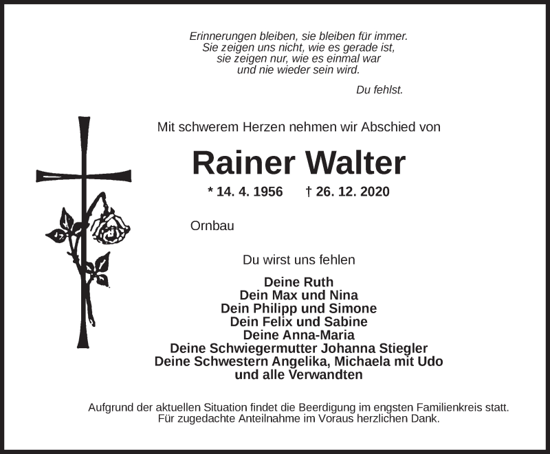  Traueranzeige für Rainer Walter vom 31.12.2020 aus Ansbach