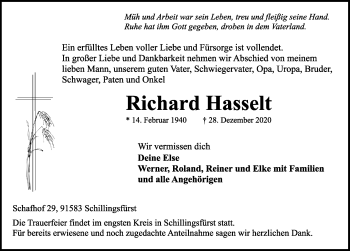 Traueranzeige von Richard Hasselt von Rothenburg