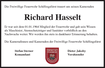 Traueranzeige von Richard Hasselt von Rothenburg