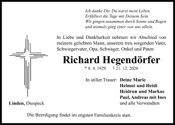 Traueranzeige von Richard Hegendörfer von Neustadt/ Scheinfeld/ Uffenheim