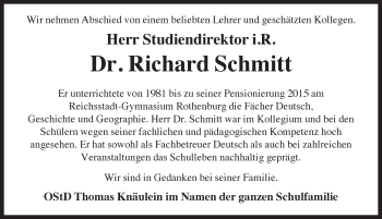 Traueranzeige von Richard Schmitt von Rothenburg