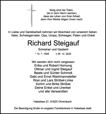 Traueranzeige von Richard Steigauf von Rothenburg