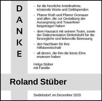 Traueranzeige von Roland Stüber von Dinkelsbühl/ Feuchtwangen