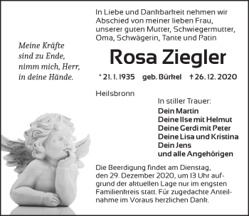 Traueranzeige von Rosa Ziegler von Ansbach