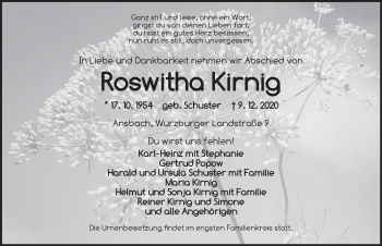 Traueranzeige von Roswitha Kirnig von Ansbach