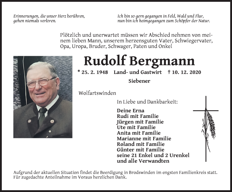  Traueranzeige für Rudolf Bergmann vom 12.12.2020 aus Ansbach