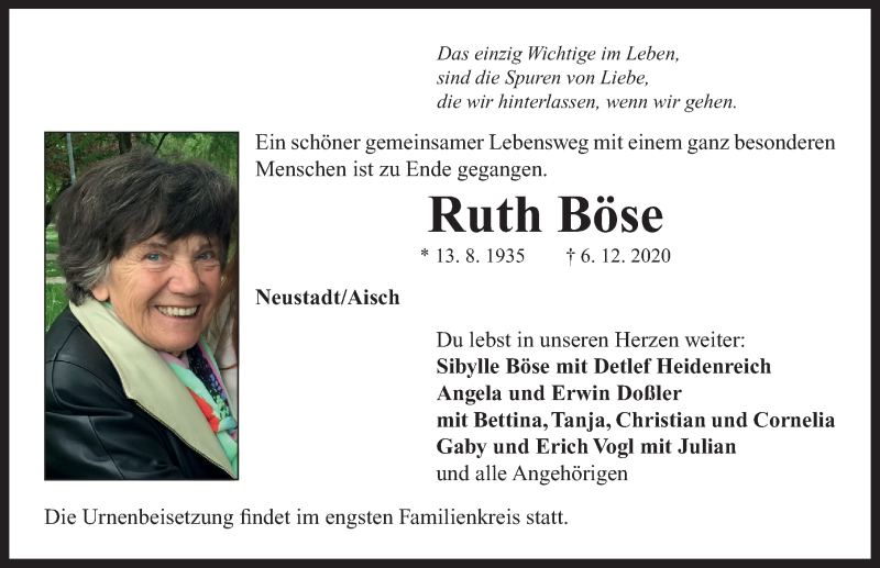  Traueranzeige für Ruth Böse vom 12.12.2020 aus Neustadt/ Scheinfeld/ Uffenheim