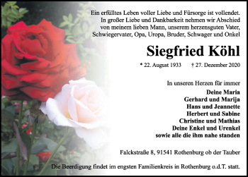 Traueranzeige von Siegfried Köhl von Rothenburg