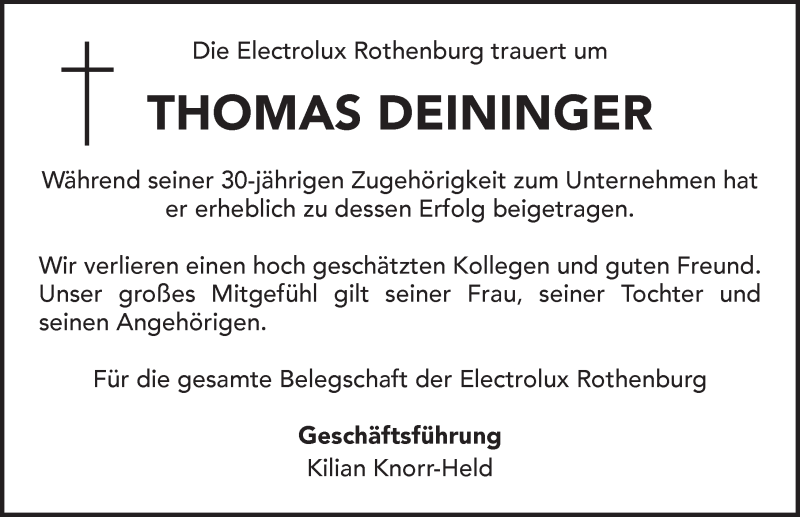  Traueranzeige für Thomas Deininger vom 09.12.2020 aus Rothenburg