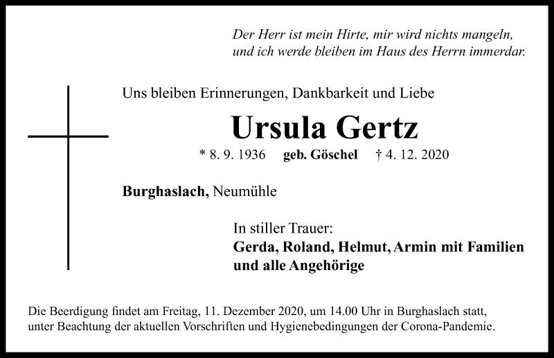  Traueranzeige für Ursula Gertz vom 08.12.2020 aus Ansbach