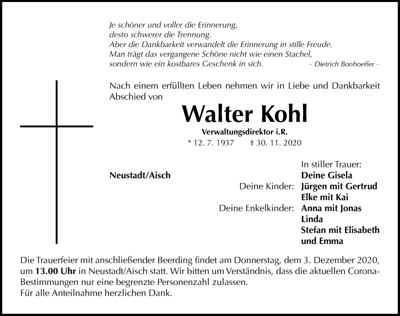  Traueranzeige für Walter Kohl vom 02.12.2020 aus Neustadt/ Scheinfeld/ Uffenheim