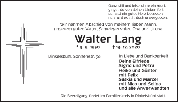 Traueranzeige von Walter Lang von Dinkelsbühl/ Feuchtwangen