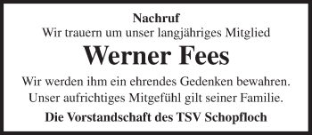 Traueranzeige von Werner Fees von Dinkelsbühl/ Feuchtwangen