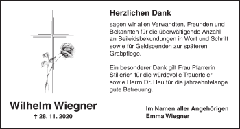 Traueranzeige von Wilhelm Wiegner von Ansbach