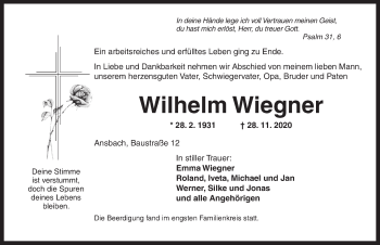 Traueranzeige von Wilhelm Wiegner von Ansbach
