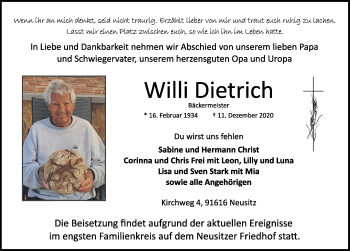 Traueranzeige von Willi Dietrich von Rothenburg