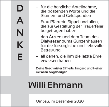 Traueranzeige von Willi Ehmann von Ansbach