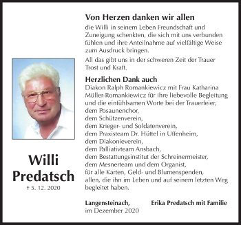 Traueranzeige von Willi Predatsch von Neustadt/ Scheinfeld/ Uffenheim