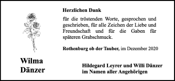 Traueranzeige von Wilma Dänzer von Rothenburg