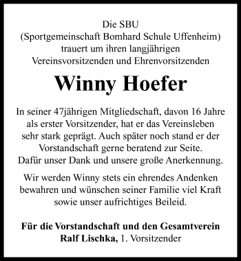 Traueranzeige von Winny Hoefer von Neustadt/ Scheinfeld/ Uffenheim