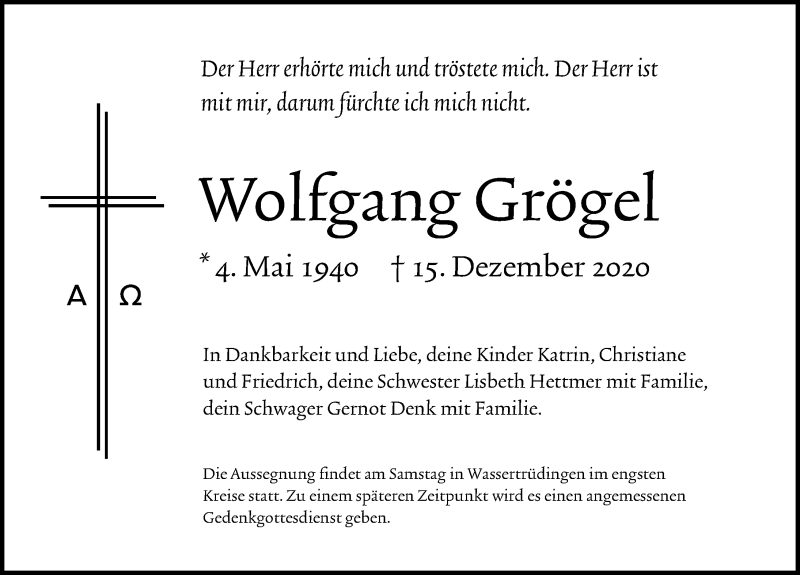  Traueranzeige für Wolfgang Grögel vom 18.12.2020 aus Dinkelsbühl/ Feuchtwangen