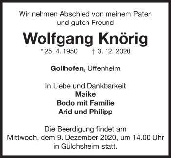 Traueranzeige von Wolfgang Knörig von Neustadt/ Scheinfeld/ Uffenheim