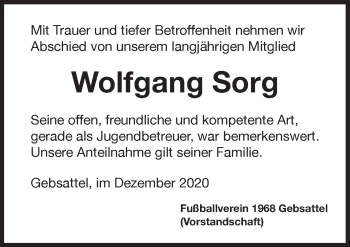 Traueranzeige von Wolfgang Sorg von Rothenburg