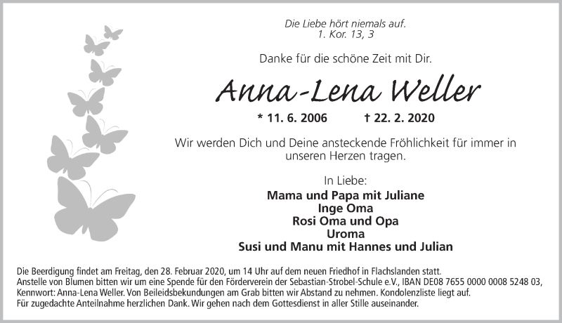  Traueranzeige für Anna-Lena Weller vom 26.02.2020 aus Ansbach