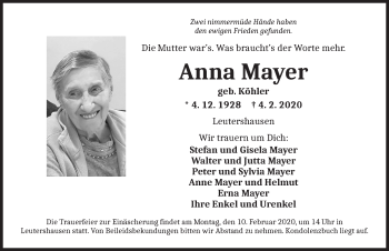 Traueranzeige von Anna Mayer von Ansbach