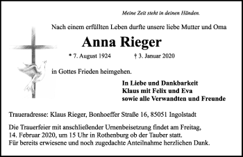Traueranzeige von Anna Rieger von Rothenburg (Fränkischer Anzeiger)