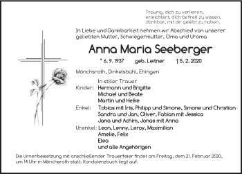 Traueranzeige von Anna Maria Seeberger von Dinkelsbühl/ Feuchtwangen