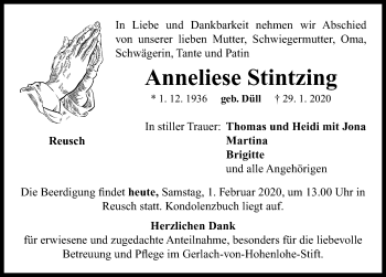 Traueranzeige von Anneliese Stintzing von Neustadt/ Scheinfeld/ Uffenheim