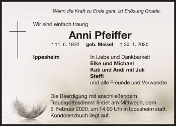 Traueranzeige von Anni Pfeiffer von Neustadt/ Scheinfeld/ Uffenheim