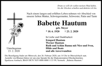 Traueranzeige von Babette Hautum von Rothenburg