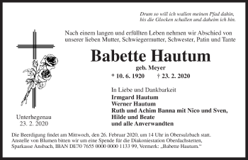 Traueranzeige von Babette Hautum von Ansbach