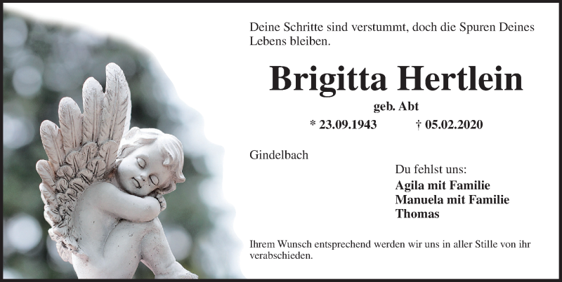  Traueranzeige für Brigitta Hertlein vom 08.02.2020 aus Ansbach