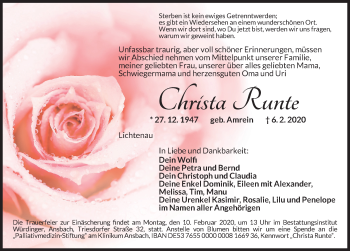 Traueranzeige von Christa Runte von Ansbach