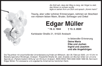 Traueranzeige von Edgar Müller von Ansbach