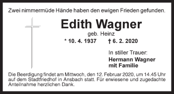 Traueranzeige von Edith Wagner von Ansbach