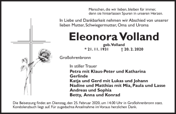 Traueranzeige von Eleonora Volland von Dinkelsbühl/ Feuchtwangen