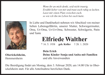 Traueranzeige von Elfriede Walther von Neustadt/ Scheinfeld/ Uffenheim