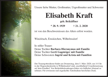 Traueranzeige von Elisabeth Kraft von Ansbach