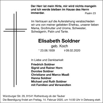 Traueranzeige von Elisabeth Soldner von Rothenburg