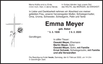 Traueranzeige von Emma Meyer von Dinkelsbühl/ Feuchtwangen