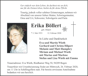 Traueranzeige von Erika Böllert von Dinkelsbühl/ Feuchtwangen