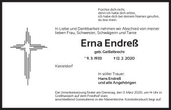 Traueranzeige von Erna Endreß von Ansbach