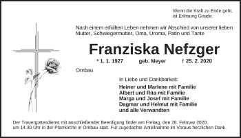 Traueranzeige von Franziska Nefzger von Ansbach